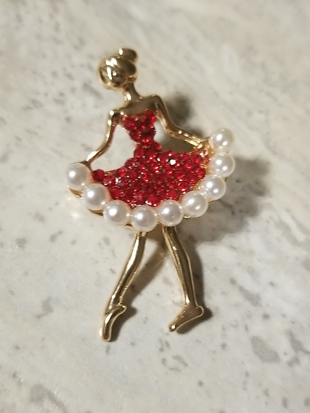 Gold Ballerina Brooch with Red Crystal Dress and Pearl Trim Costume jewelry